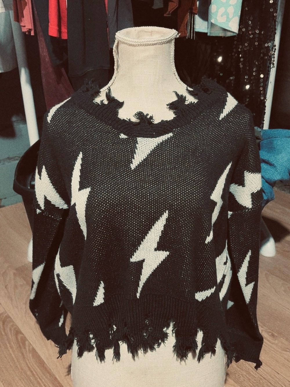 Black Lightning Bolt Distressed Crew Sweater - Women